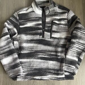 DSG Mens Quarter Zip Sherpa Fleece Pullover Grey White Striped Jacket Size M NWT